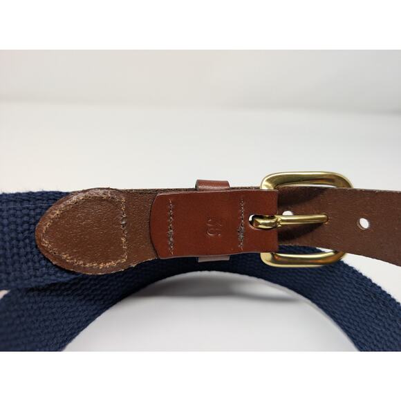 Leather Man Ltd Essex Ct Men's Belt Navy Canvas Brown Leather Mountains 36 Brass - Picture 4 of 5